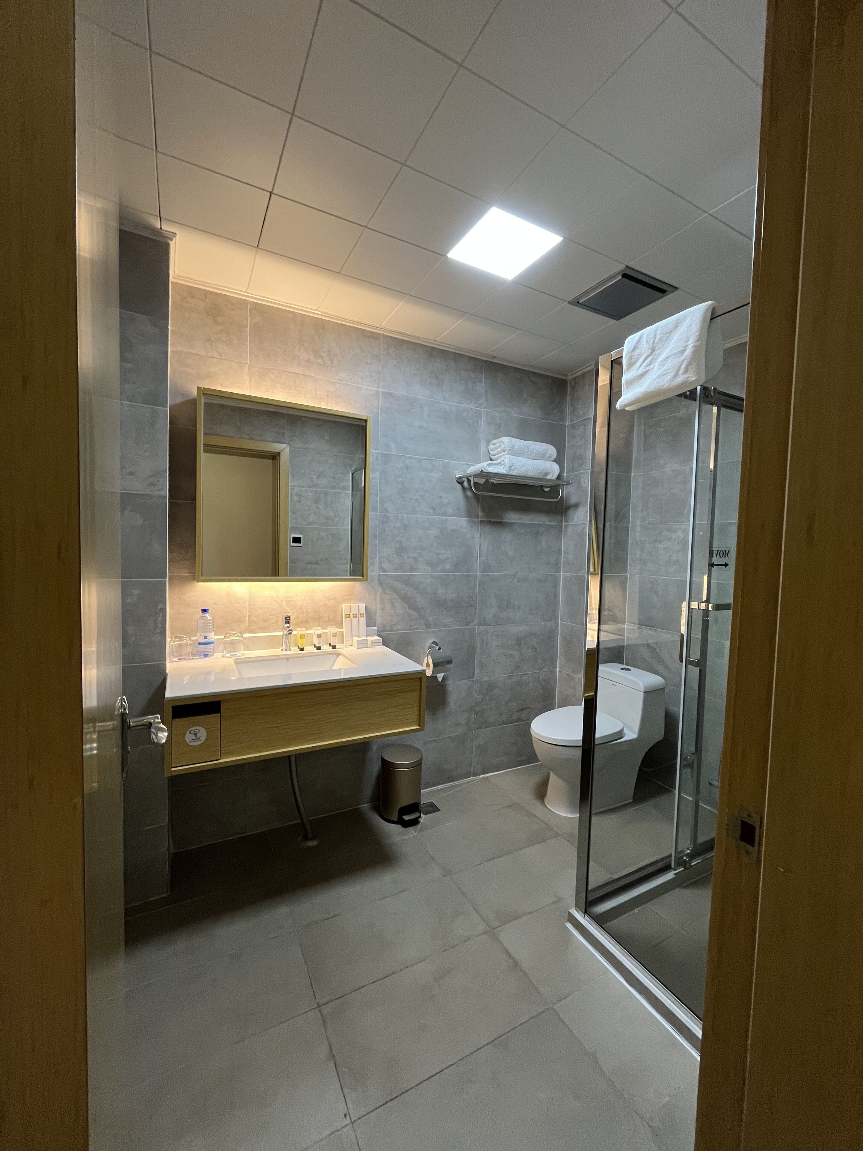 Une salle de bain moderne avec une douche à parois de verre, un lavabo avec un miroir et des toilettes.