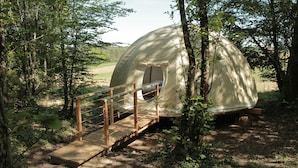A dome-shaped structure in a forested area with a wooden bridge leading to it. - Ô bois dormant (Lempzours)