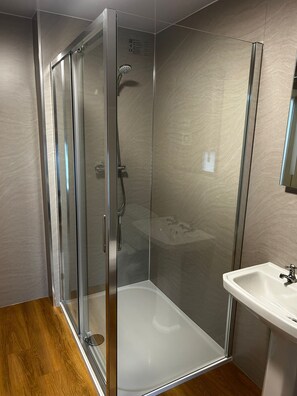 Une douche fermée par des parois en verre, dotée d’un pommeau de douche à main, d’un lavabo blanc et d’un miroir mural.