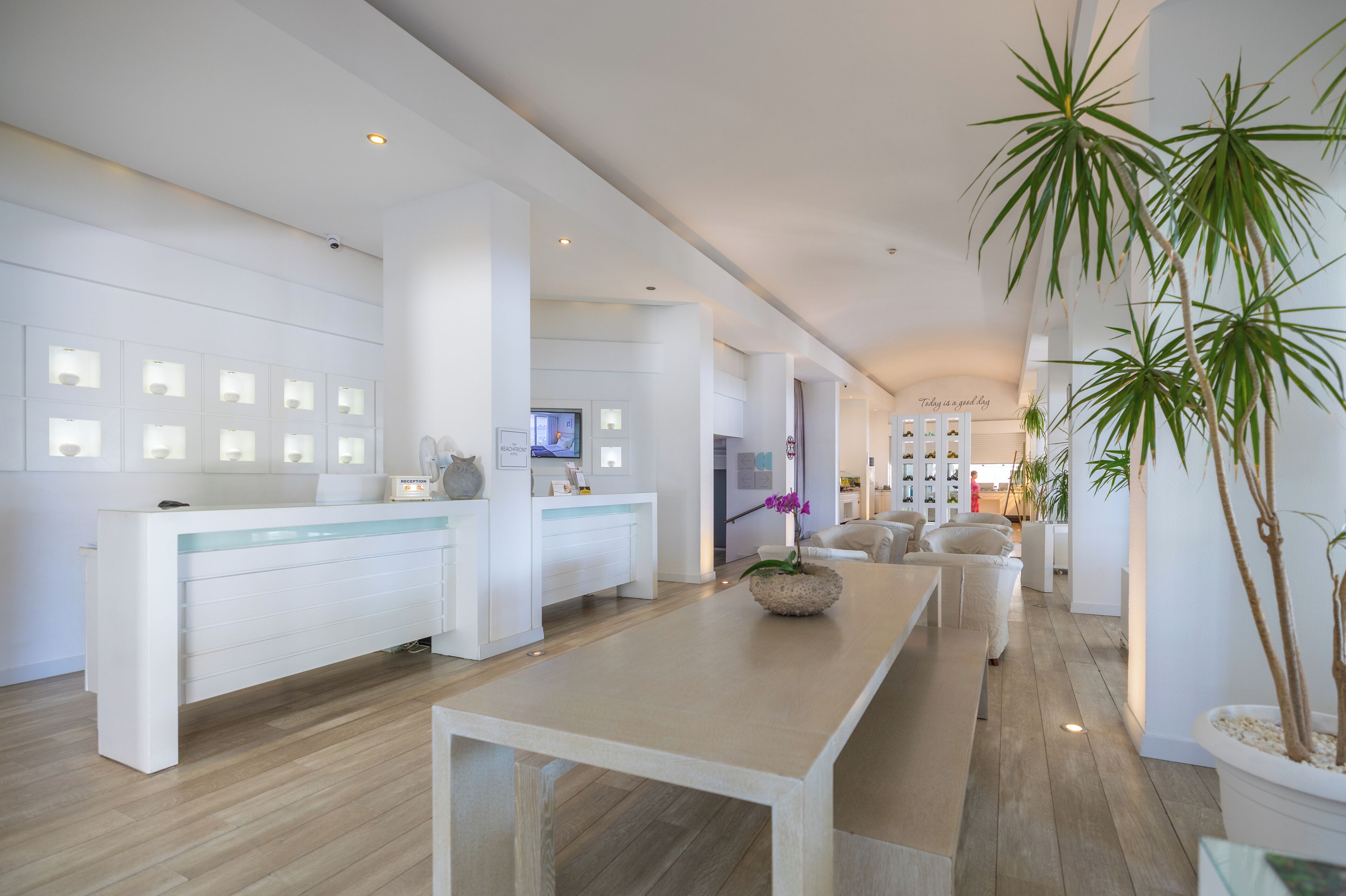 A modern hotel lobby with a reception desk, seating area, and potted plants.