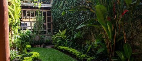 A lush garden with a variety of plants and a small lawn area.