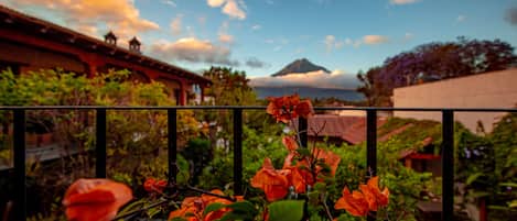 Un jardin avec des fleurs rouges, une montagne en arrière-plan et un bâtiment avec un toit rouge.
