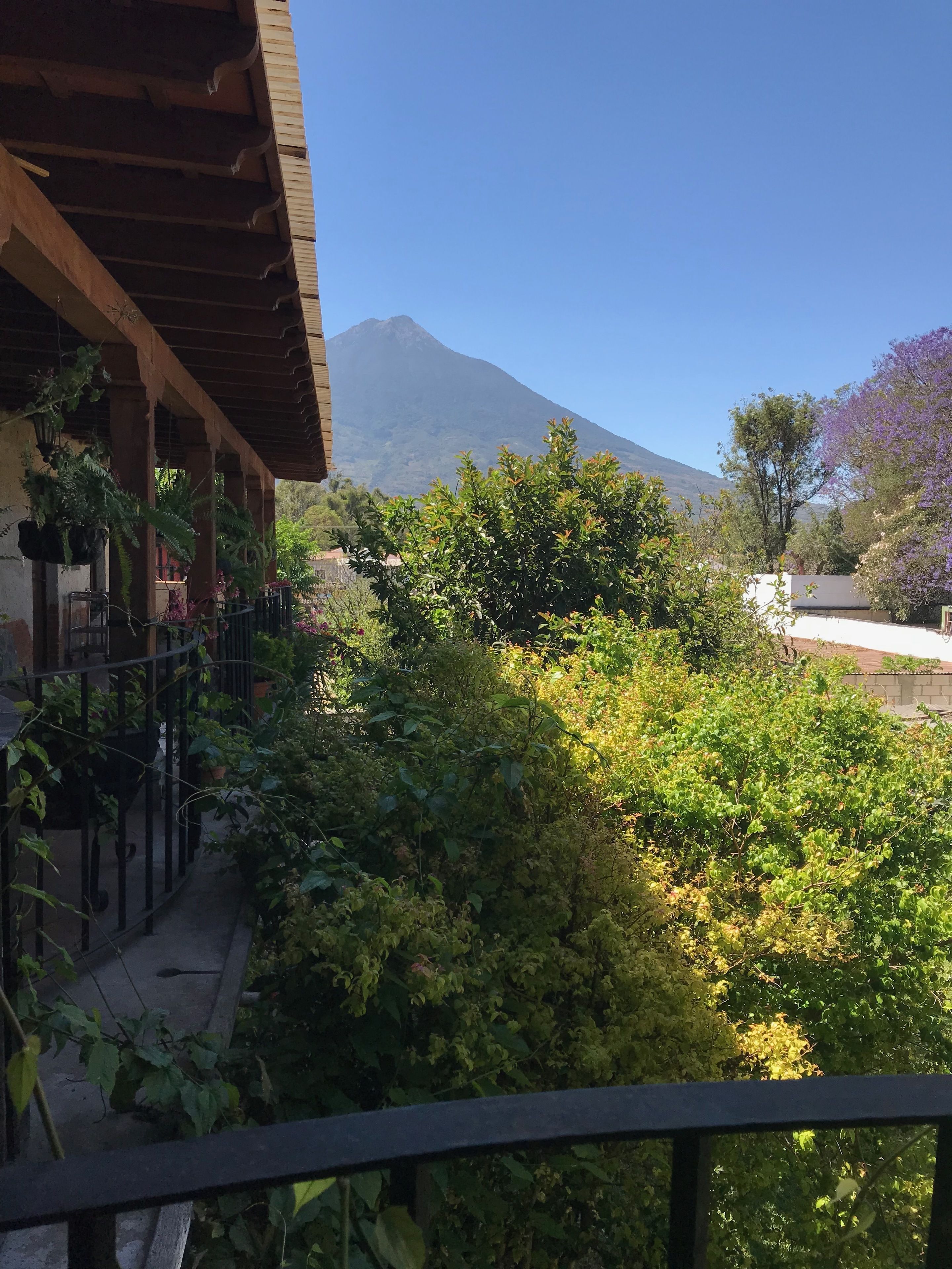 A balcony with a view of a mountain and lush greenery.