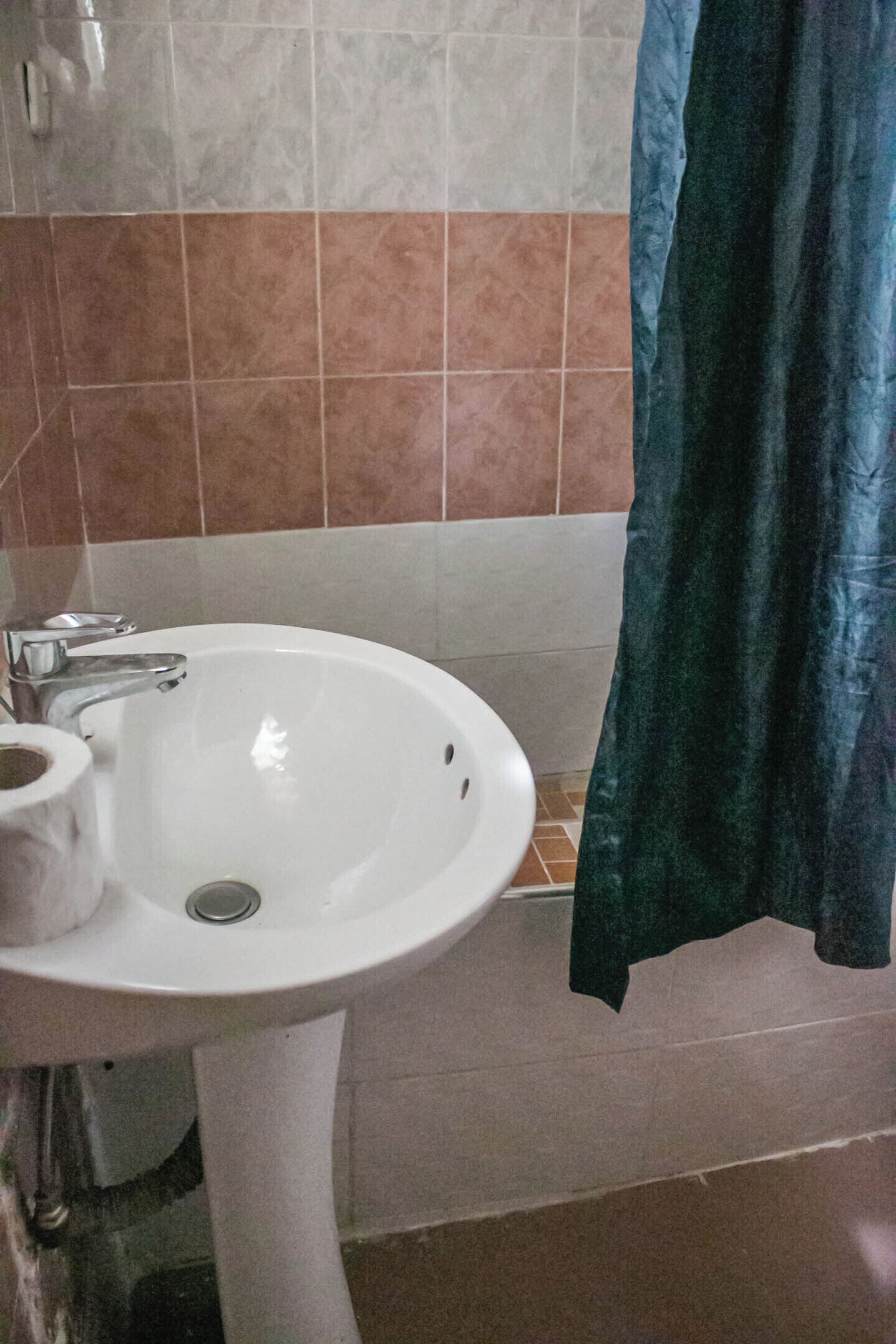 A bathroom with a white sink, a toilet, and a shower curtain.