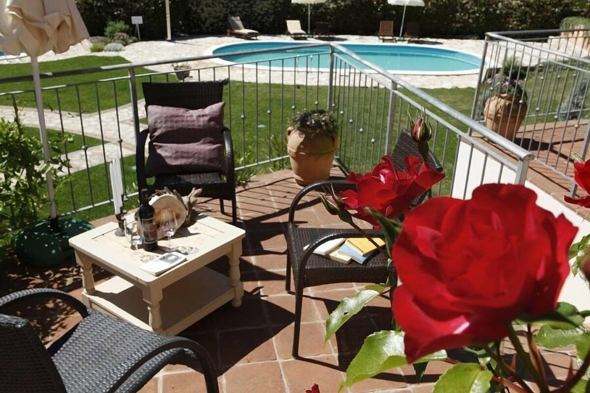 An outdoor patio area with a pool, chairs, a table with drinks, and a rose bush.