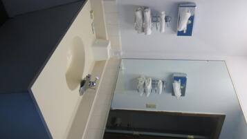 A bathroom with a large mirror, a sink, and a toilet. There are towels and a tissue box on the wall.