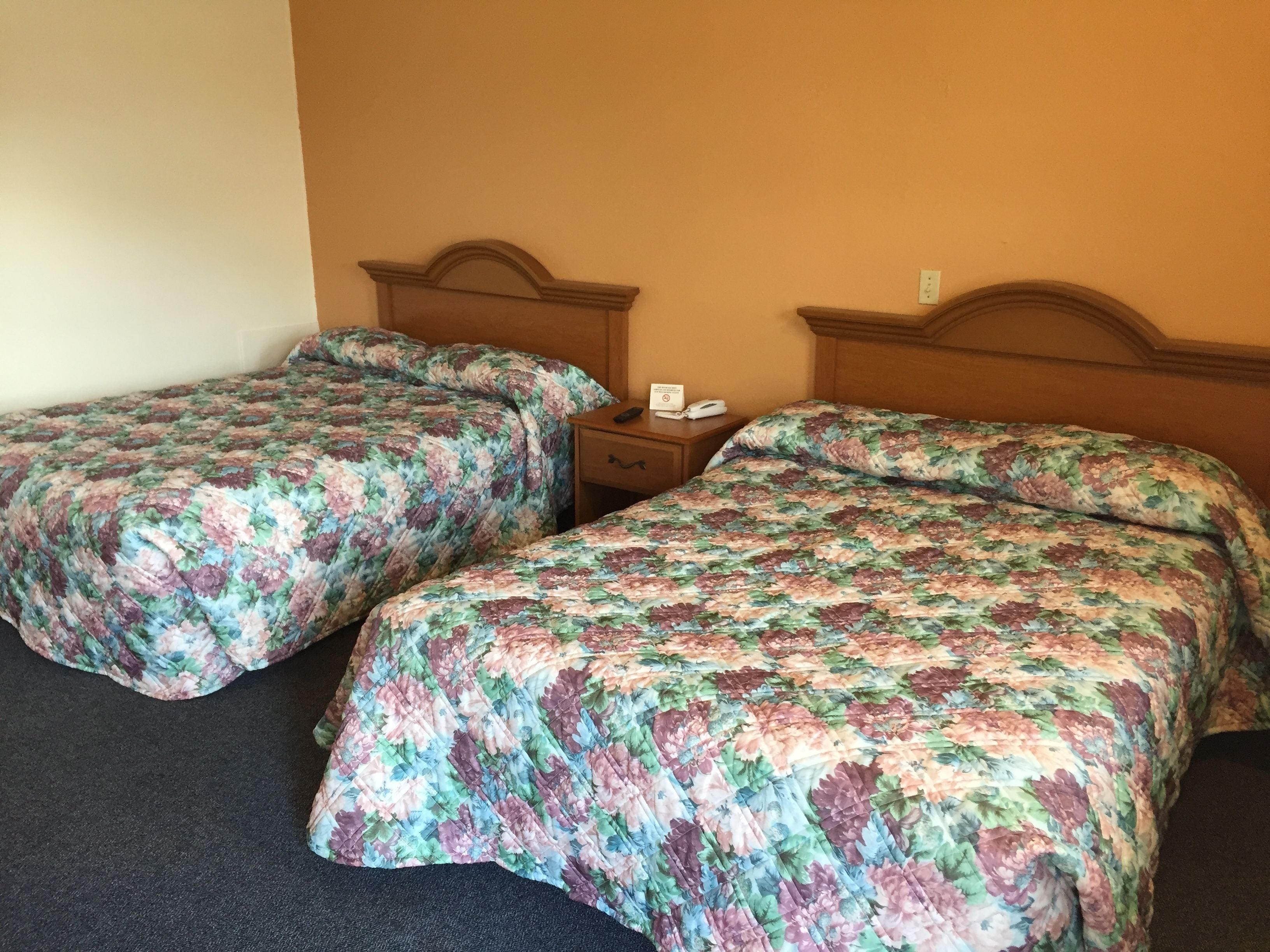 Two single beds with floral bedding, a wooden headboard, a nightstand with a phone, and a wall socket.