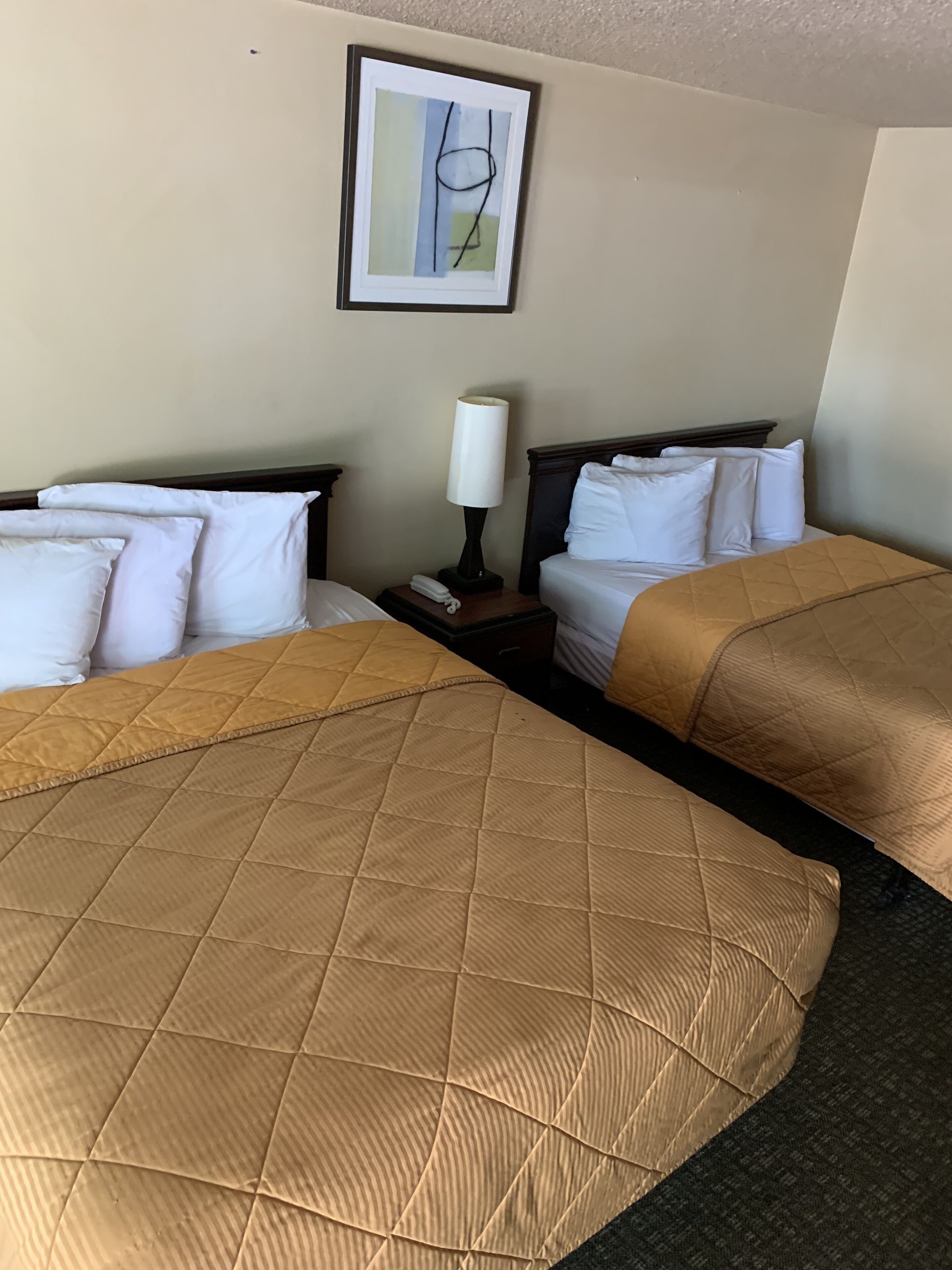 A hotel room with two beds, each with white linens and a brown quilted bedspread. There is a nightstand with a lamp and a phone between the beds. A framed abstract artwork hangs on the wall above the beds.