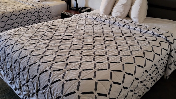 A hotel room with two beds, each with a patterned bedspread, a nightstand with a lamp, and a framed artwork on the wall.