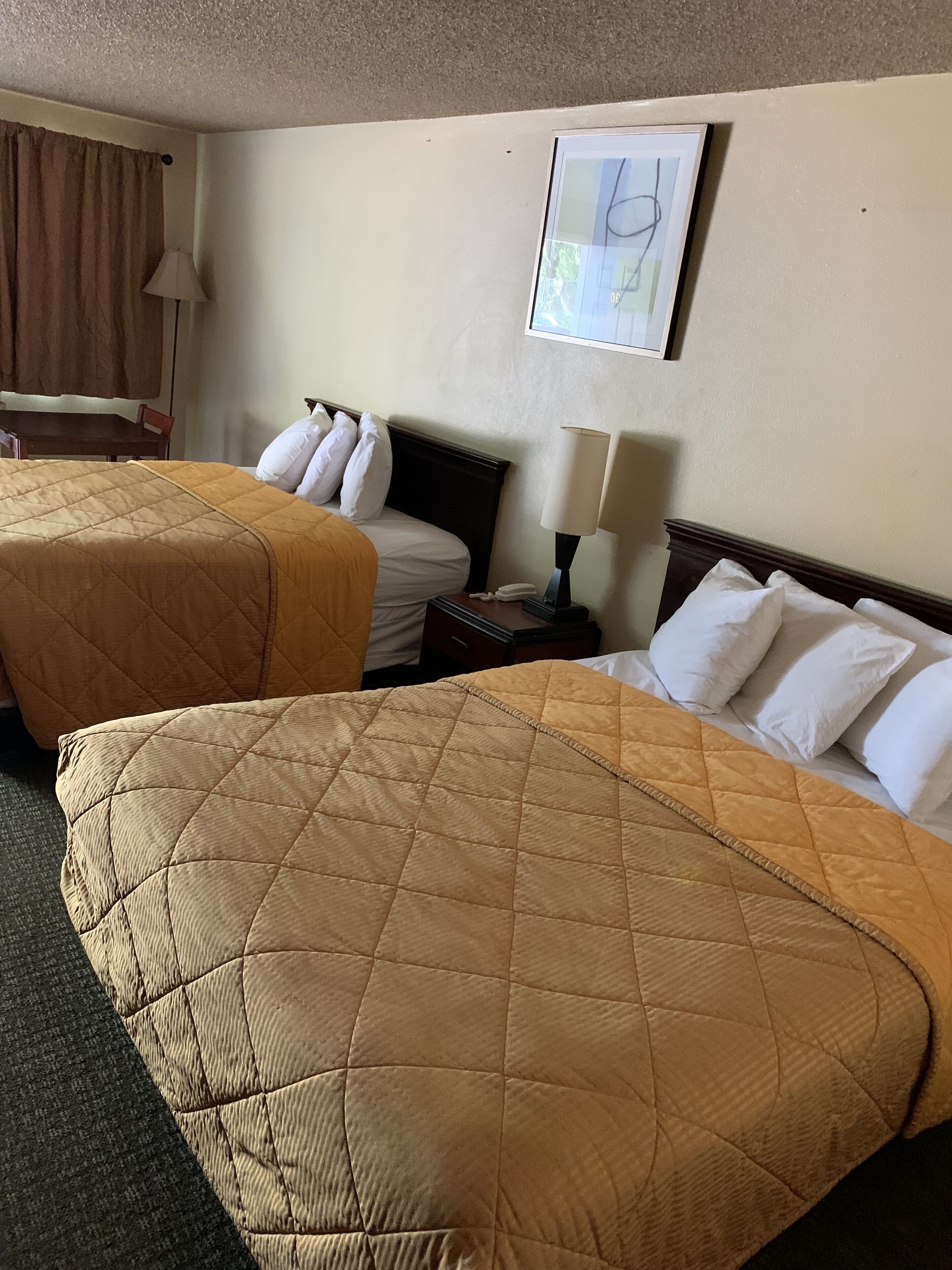 A hotel room with two beds, a nightstand, a lamp, and a framed picture on the wall.