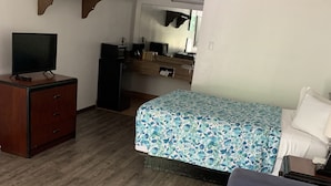 A room with a bed, a sofa, a TV, a dresser, and a small table.