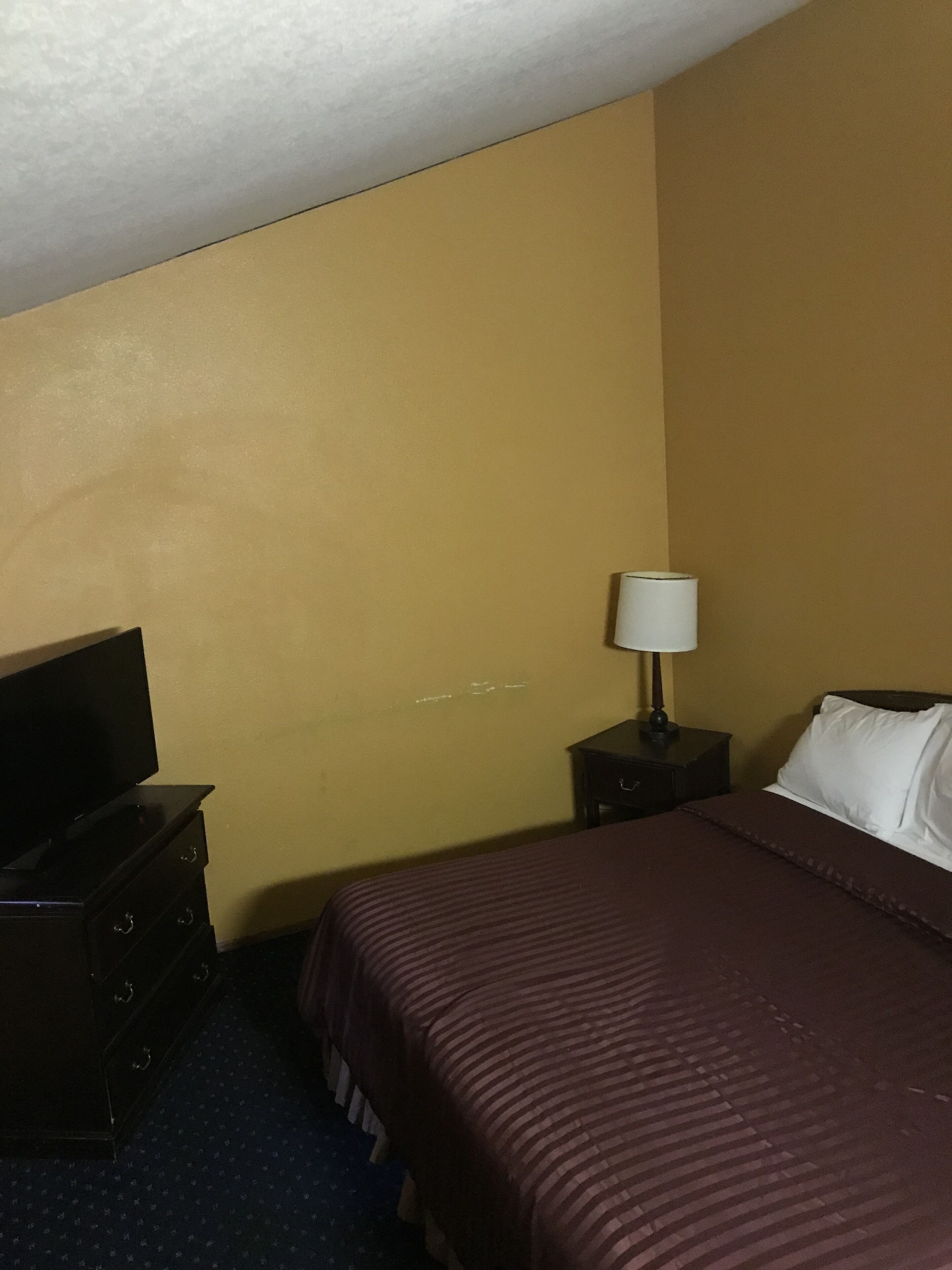 Una habitación de hotel con una cama, un aparador, un televisor y una mesita de noche con una lámpara.
