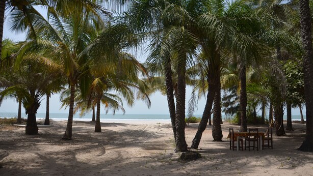 A beach with palm trees and a table with chairs. - Oudja Hotel (Cap Skirring)