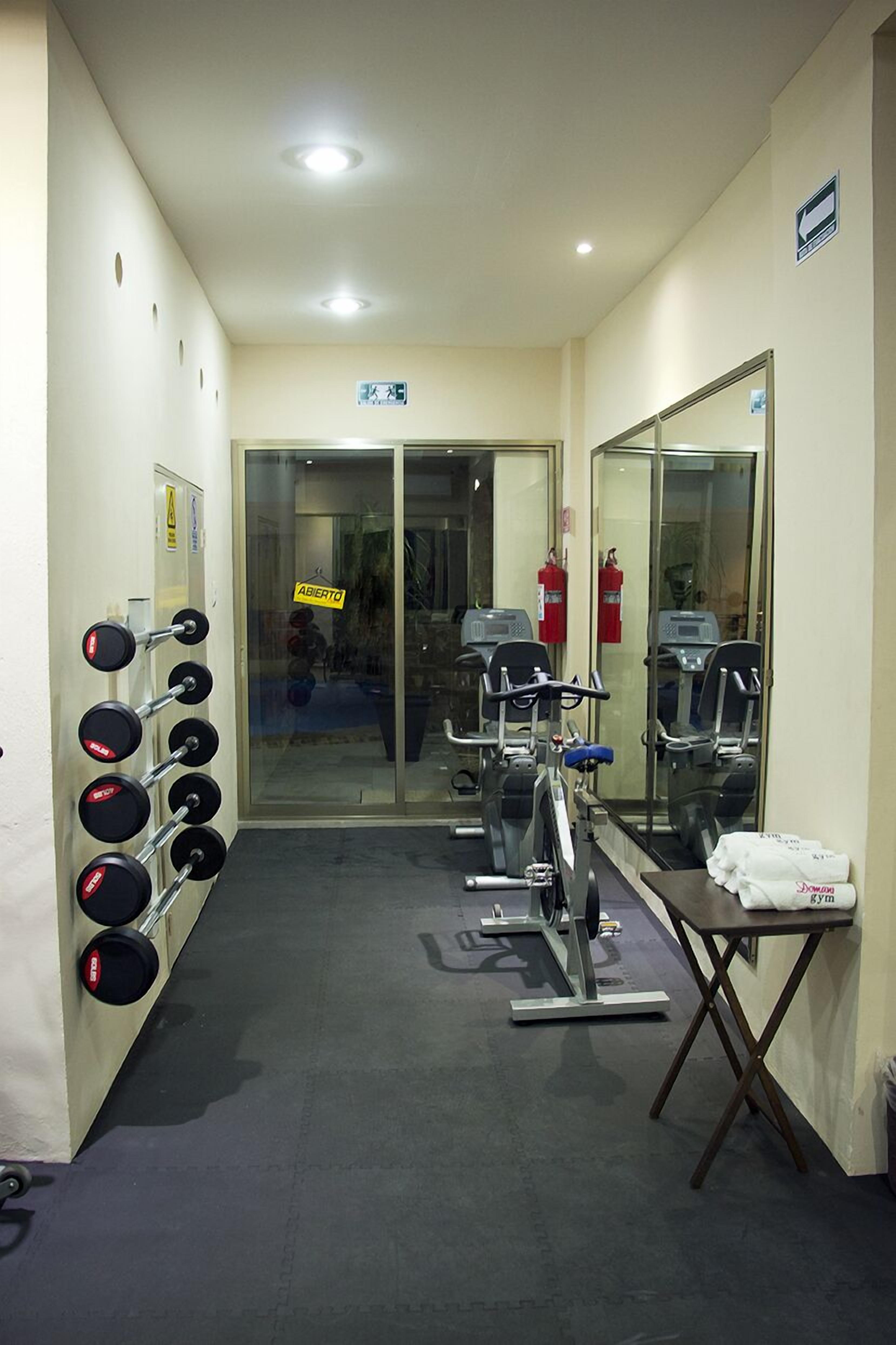 Un gimnasio con equipo de levantamiento de pesas, máquinas de ejercicio y un espejo.