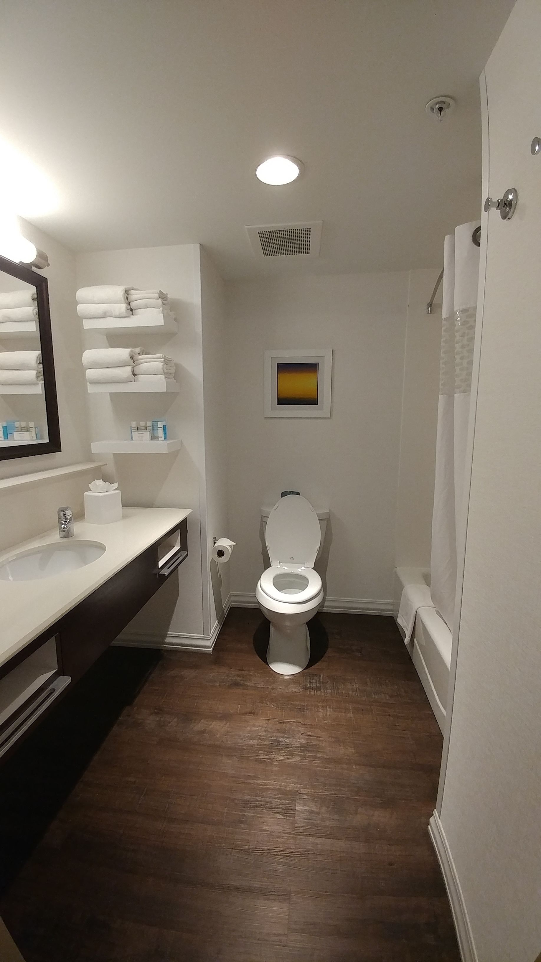 combined shower/bathtub, designer toiletries, hair dryer, towels