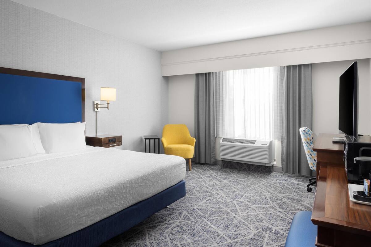 A hotel room with a large bed, a desk, a chair, a TV, a lamp, a window with curtains, and a heater.