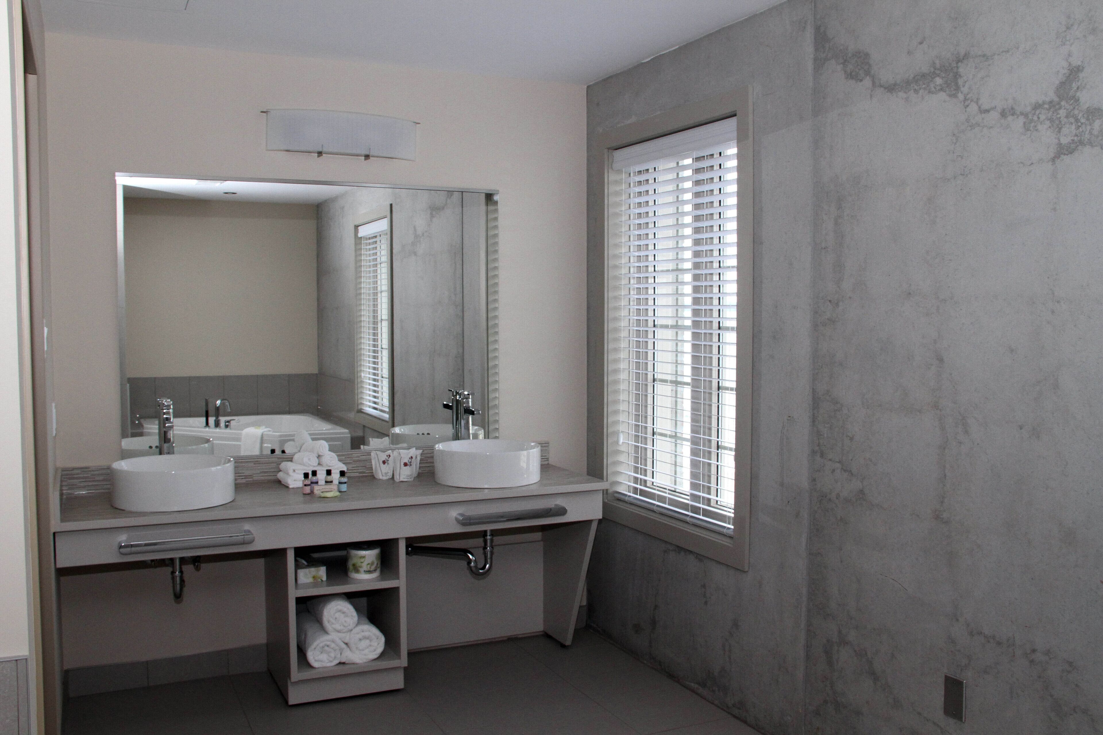 A bathroom with a double sink vanity, a large mirror, and a window with blinds.