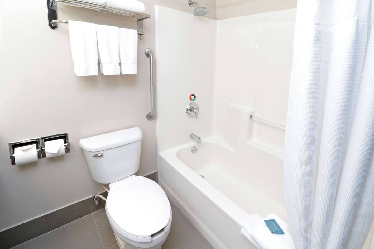 combined shower/bathtub, hair dryer, towels