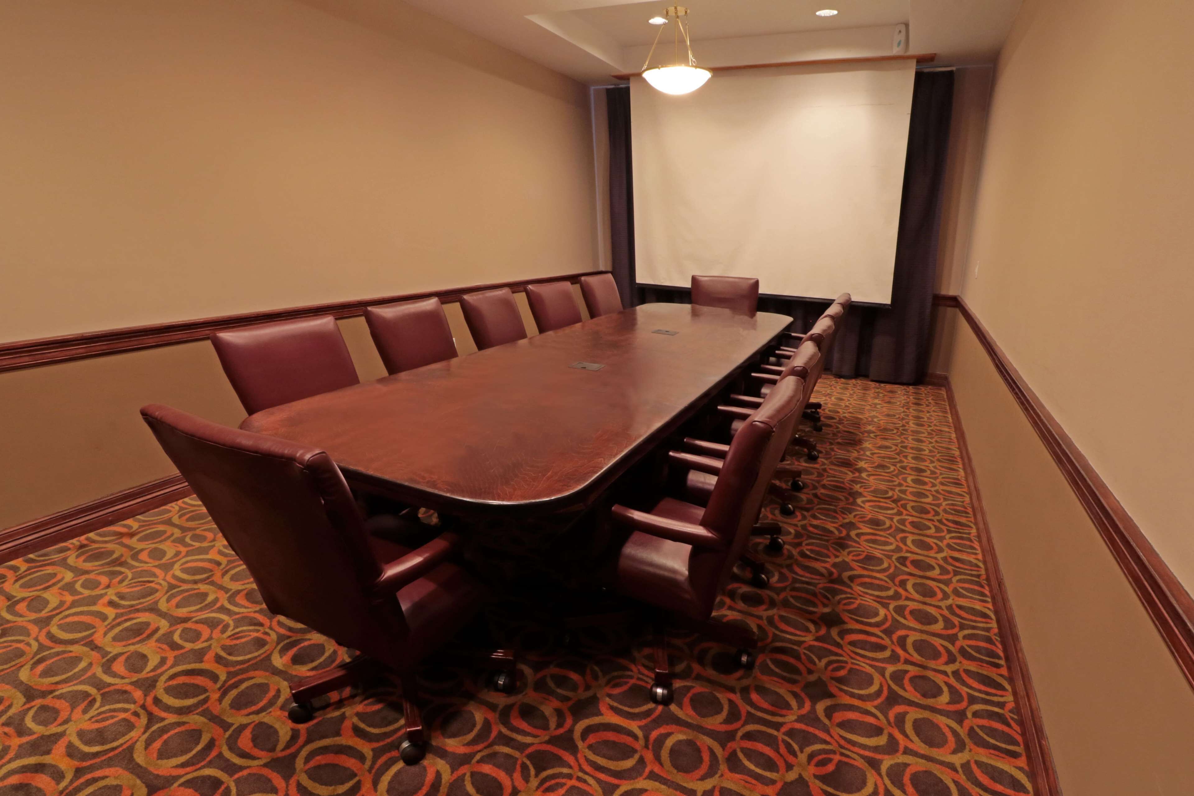 A conference room with a long table and multiple chairs, carpeted floor, and a plain wall with a light fixture.