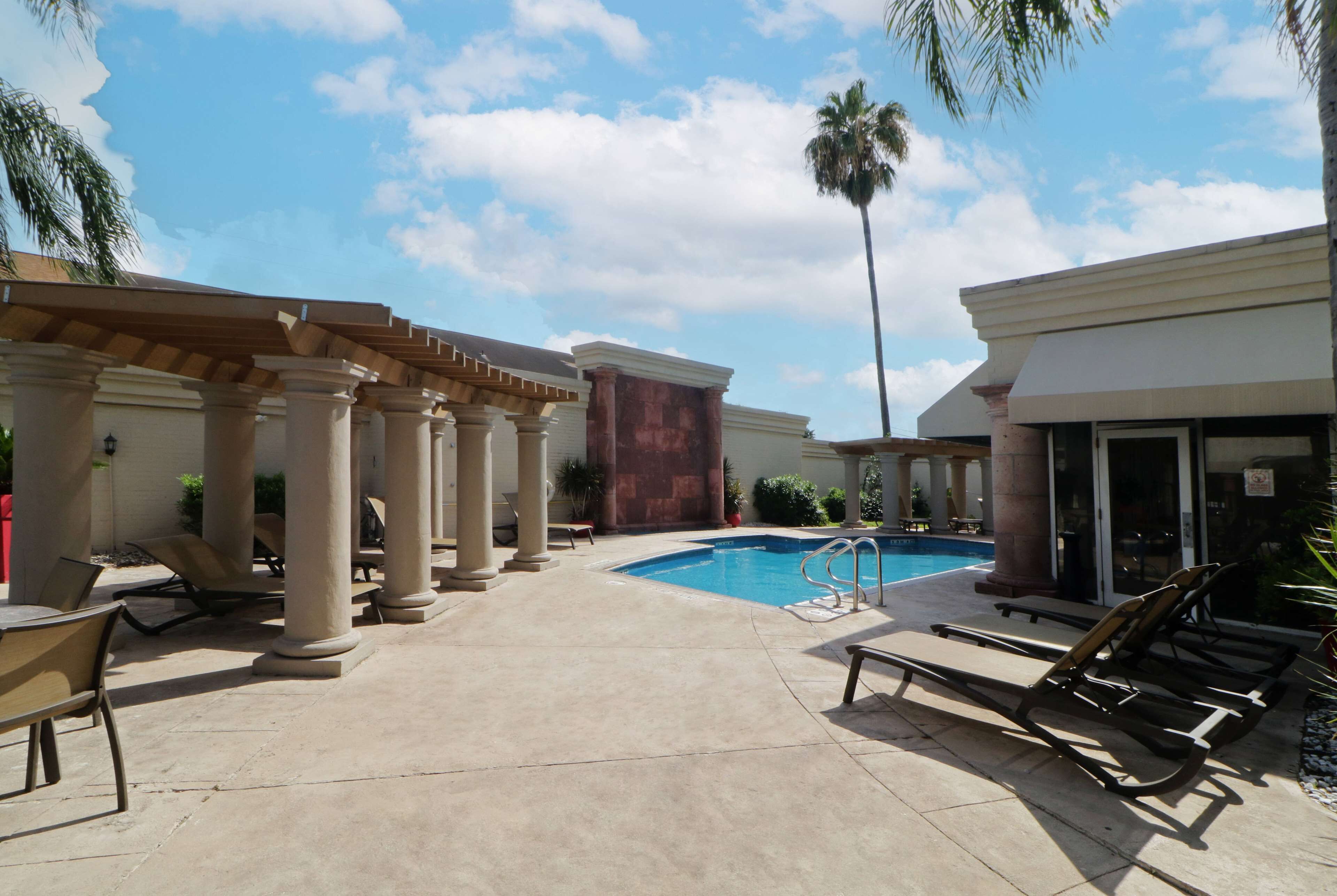 Un espace piscine aménagé avec des chaises longues, une pergola et des palmiers.