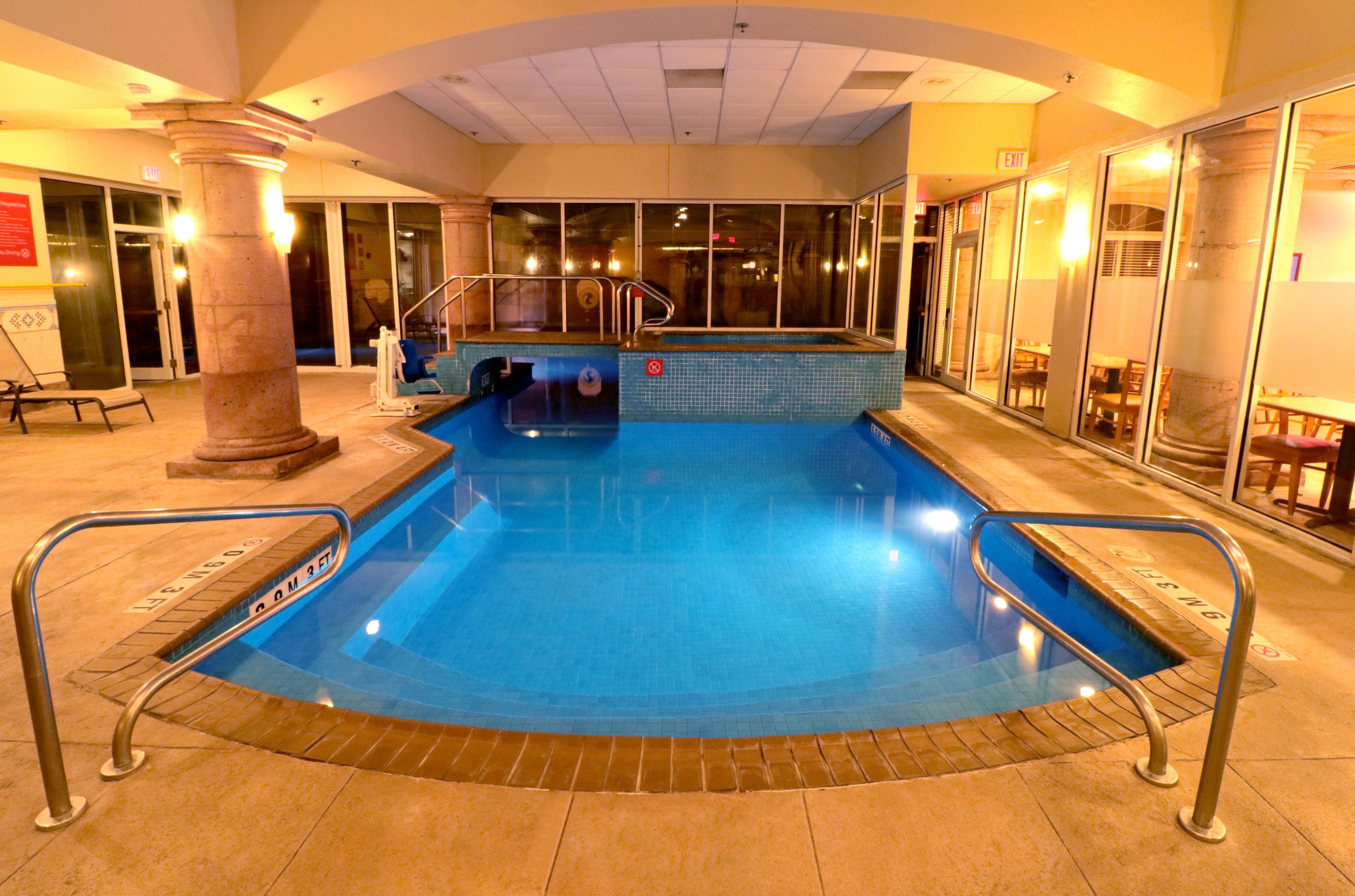 indoor pool, outdoor pool, open 9:00 am to 10:00 pm, pool loungers