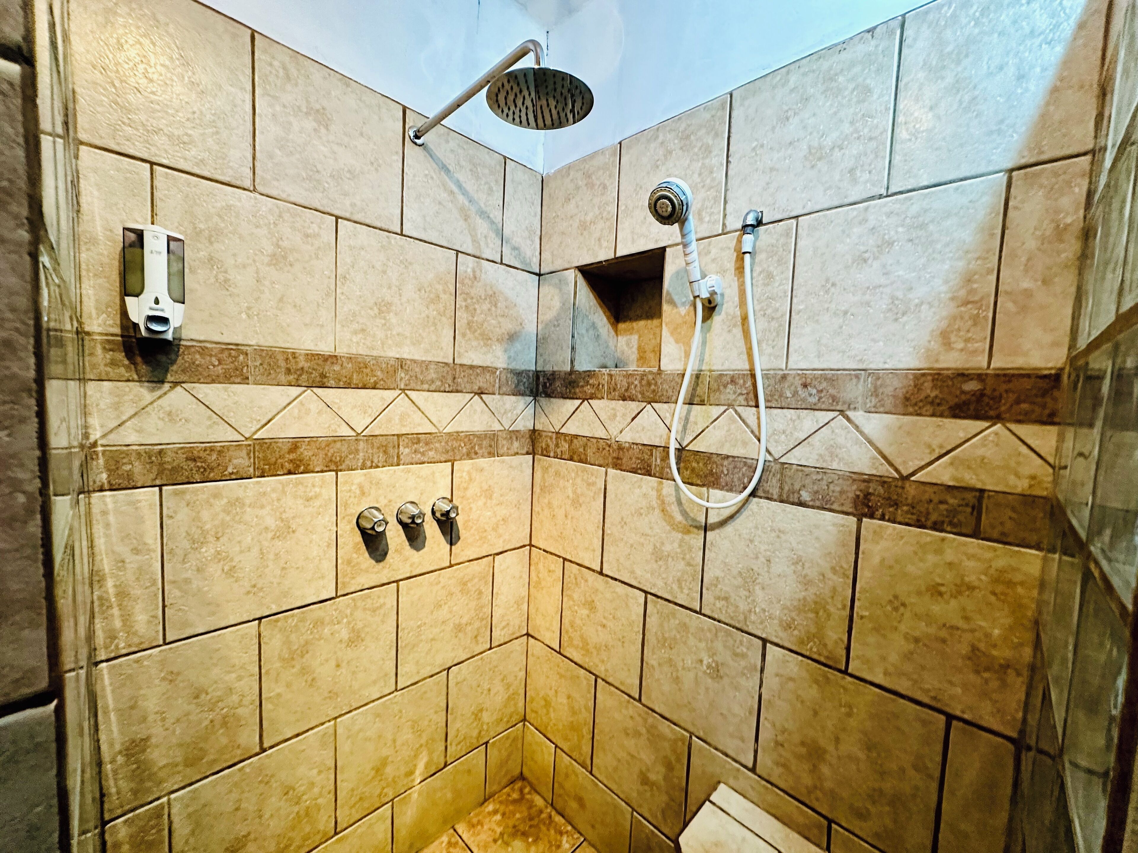 Un espace douche avec des murs carrelés, une pomme de douche à main et un flexible de douche.