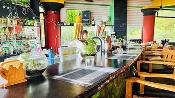 A bar area with a counter, chairs, and a potted plant.
