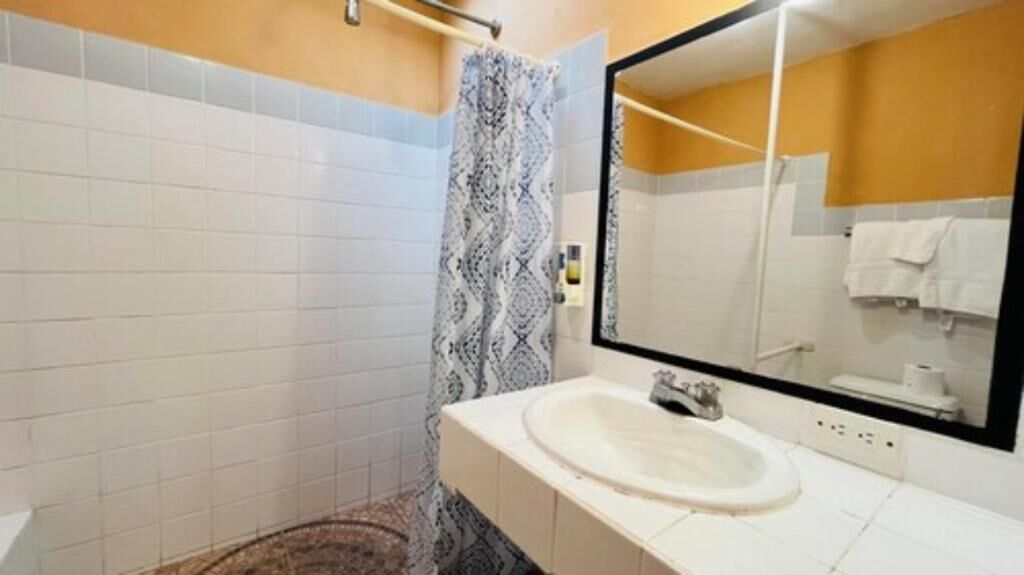 A bathroom with a shower, a sink, a mirror, and a towel rack.