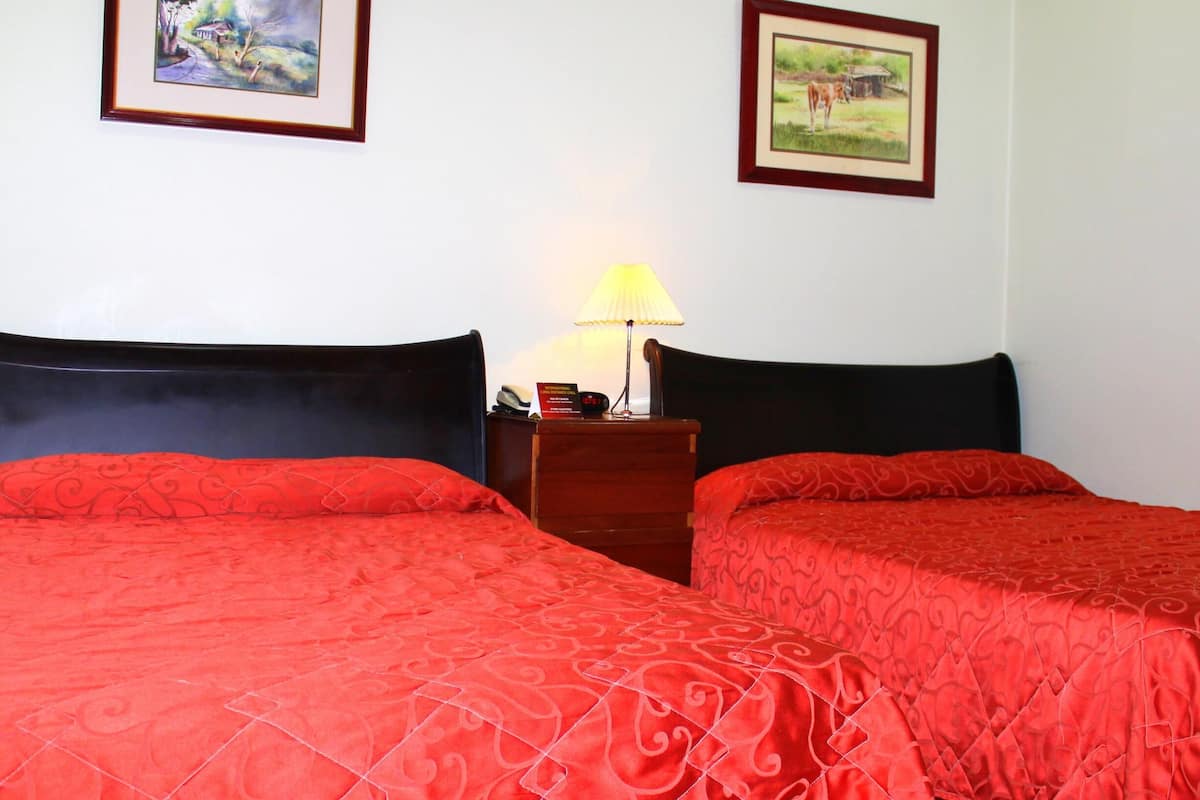 Een kamer met twee bedden, elk met een rood bedlaken met een patroon, een houten nachtkastje met een lamp en twee ingelijste foto’s aan de muur.