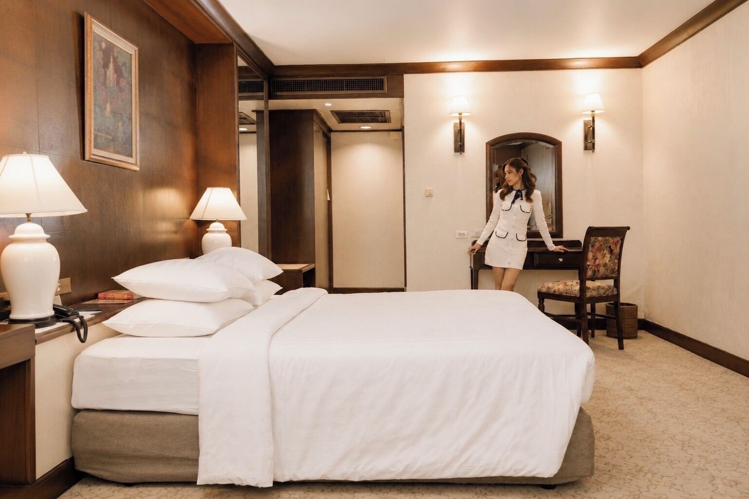 A hotel room with a large bed, two bedside lamps, a chair, and a desk.