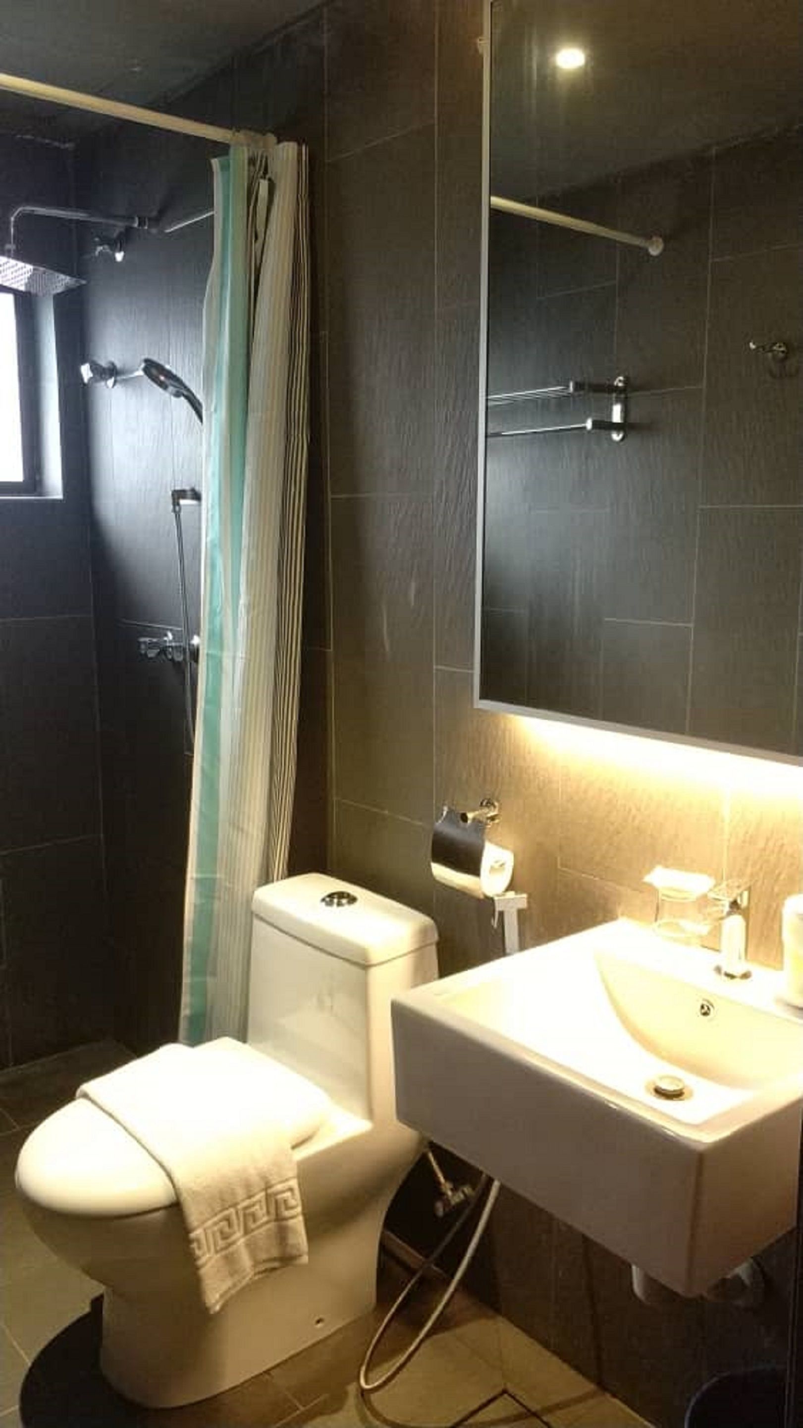 A bathroom with a toilet, sink, and shower area.