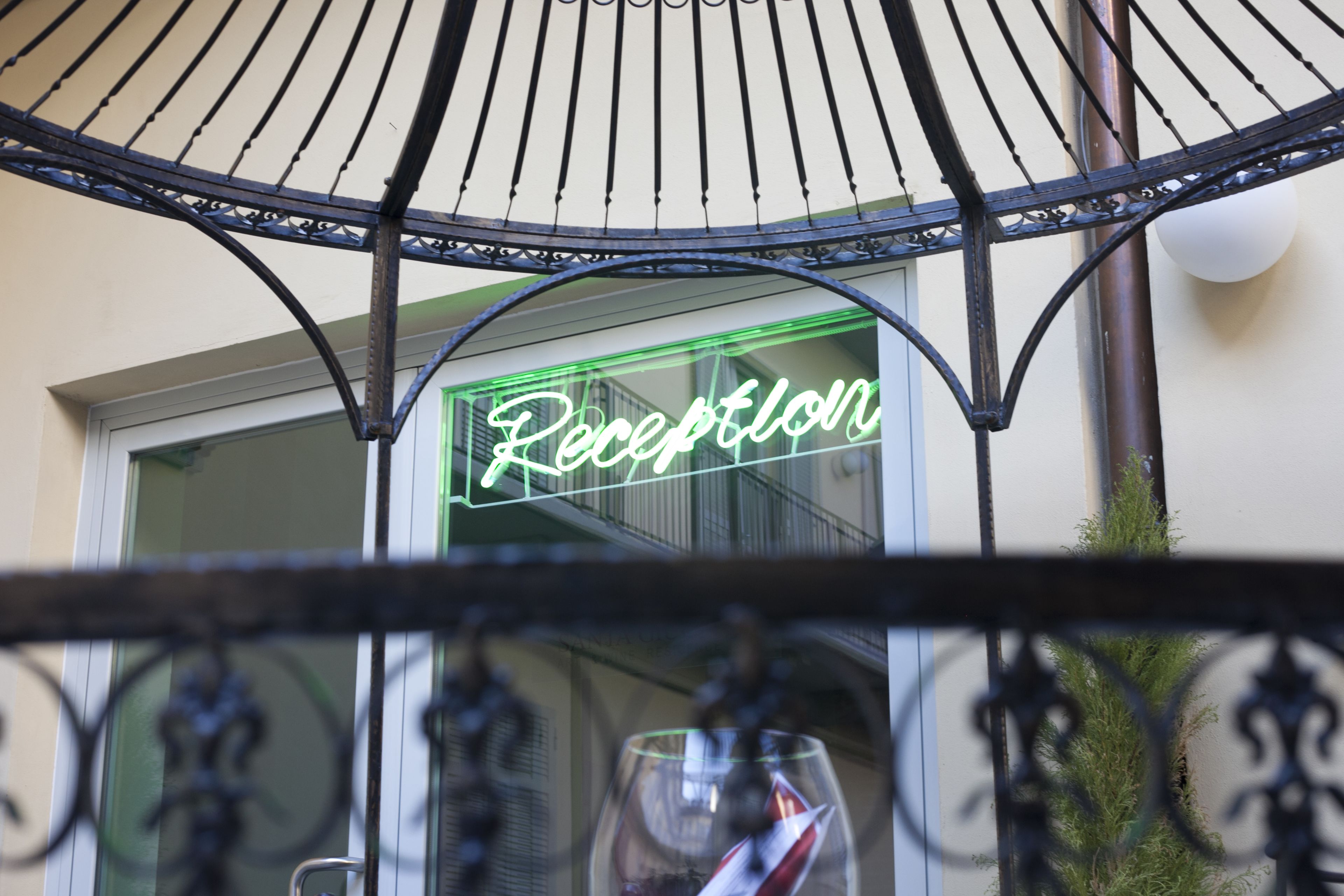 A reception sign with a neon outline, a glass door, and a metal railing.