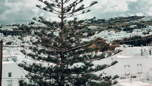 A tall pine tree in front of a white building with a clear blue sky and clouds in the background. - Alana Mykonos (Mykonos)