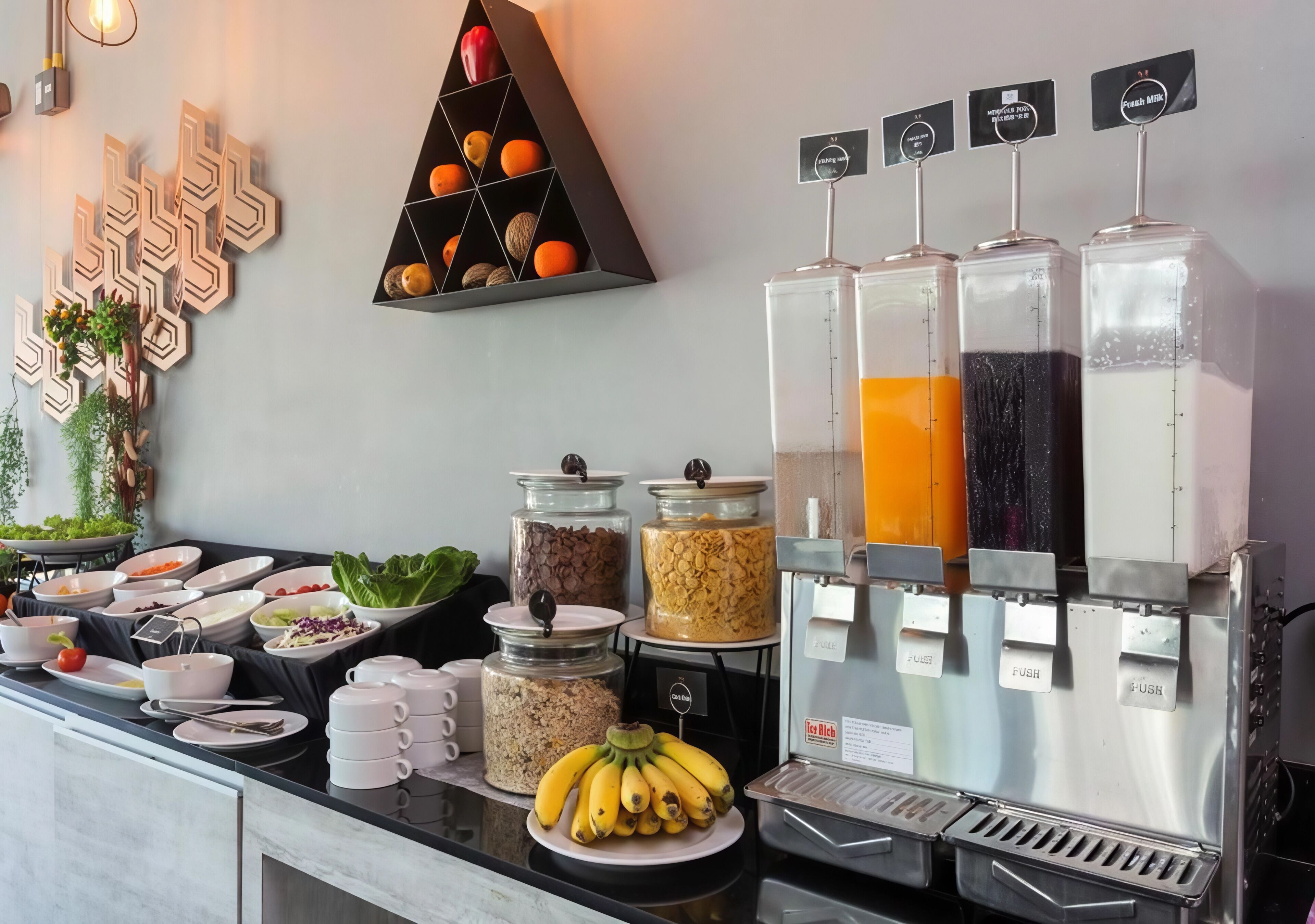 A buffet setup with various food items, including fruits, vegetables, and grains, along with juice dispensers.