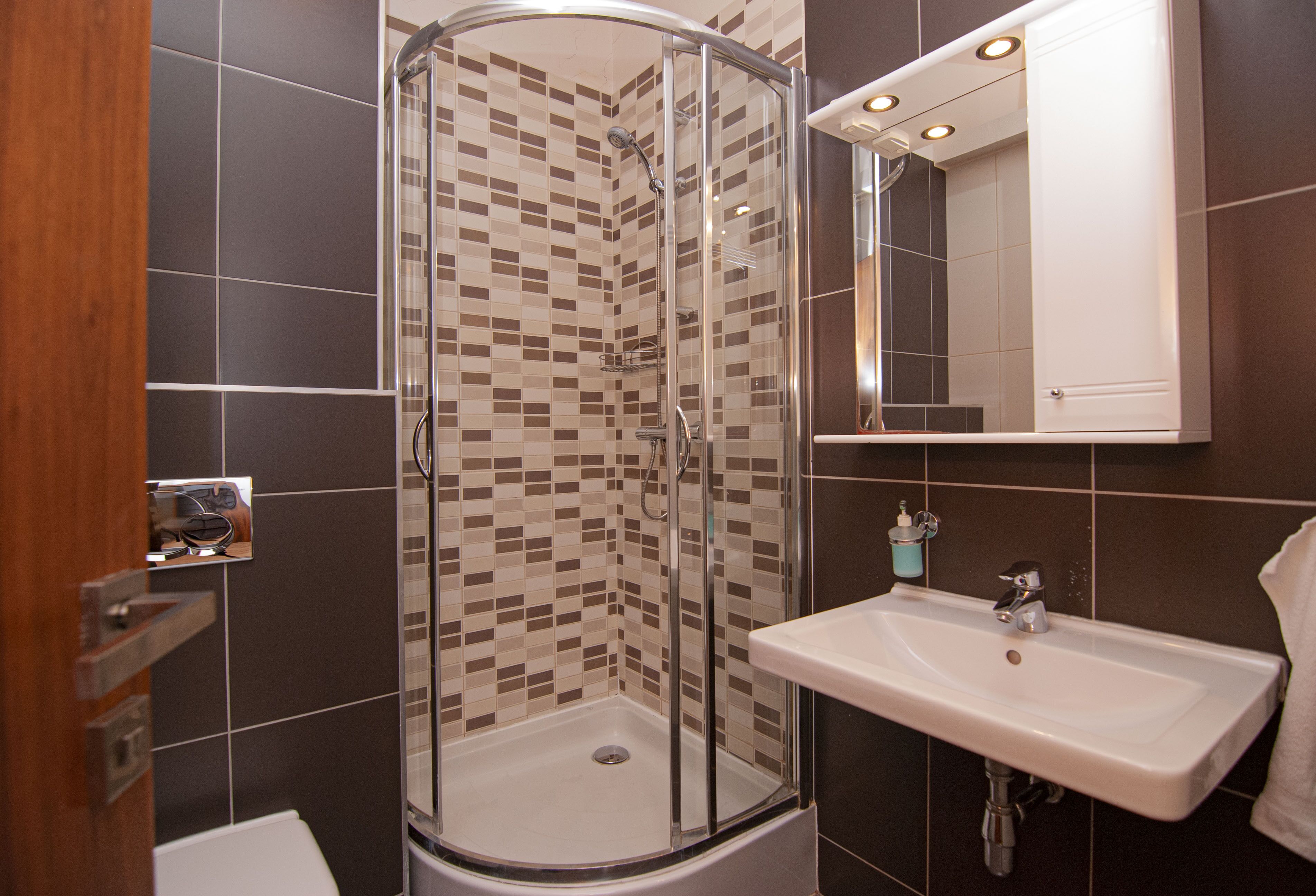 A modern bathroom with a glass shower enclosure, a sink, and a mirror.