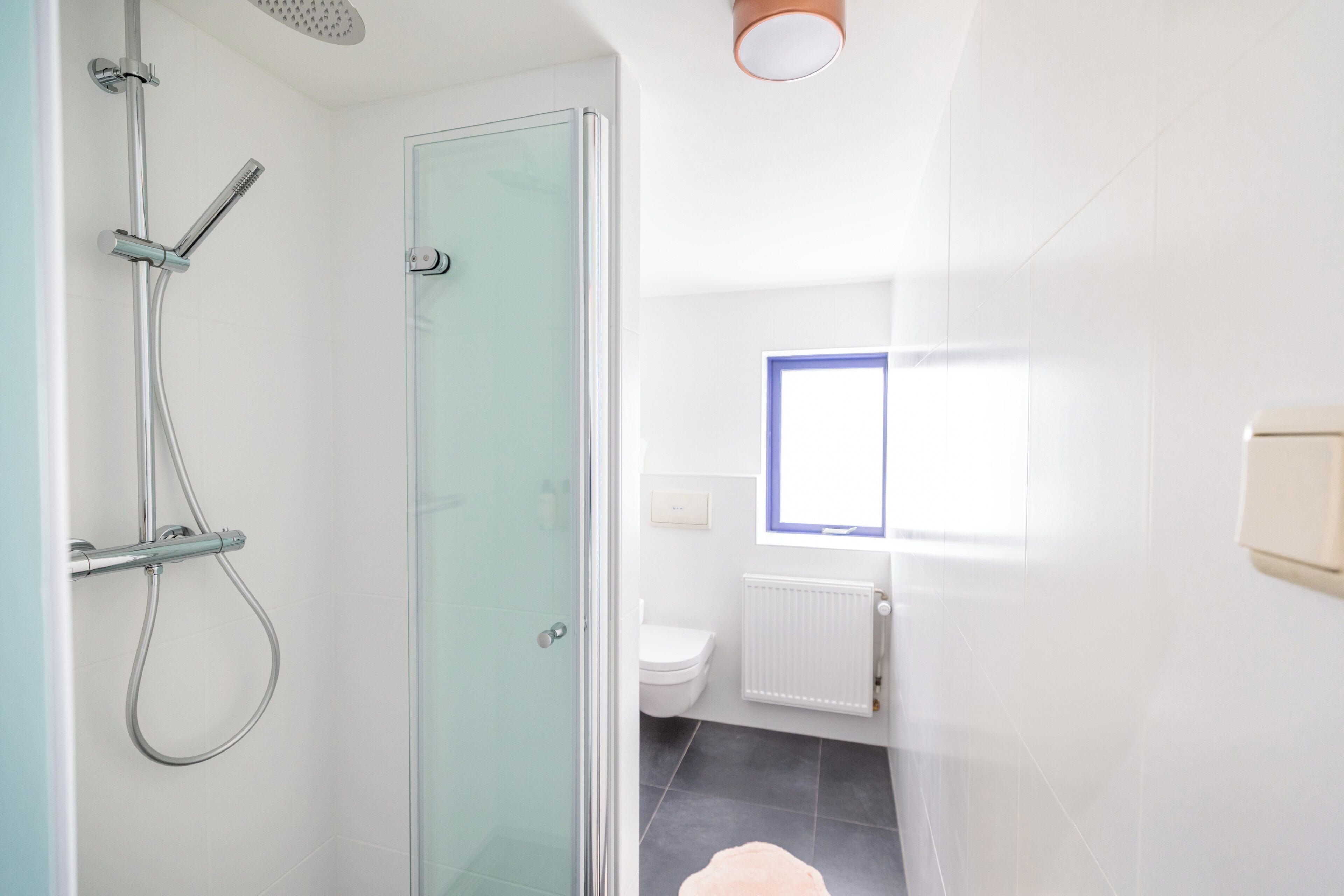 A modern bathroom with a glass shower enclosure, a toilet, and a window.