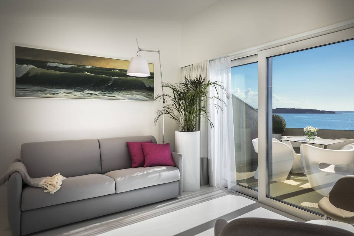 A modern living room with a grey sofa, a large potted plant, and a view of the sea through a glass door.
