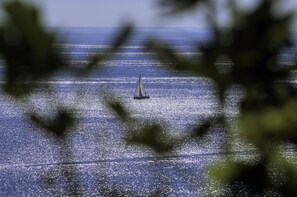 A sailboat on a calm sea with a clear horizon.