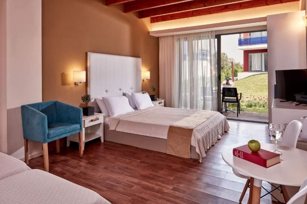 Habitación de hotel con una cama grande, un escritorio con silla, televisión y balcón con vistas.