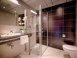 Shower, free toiletries, hair dryer, towels