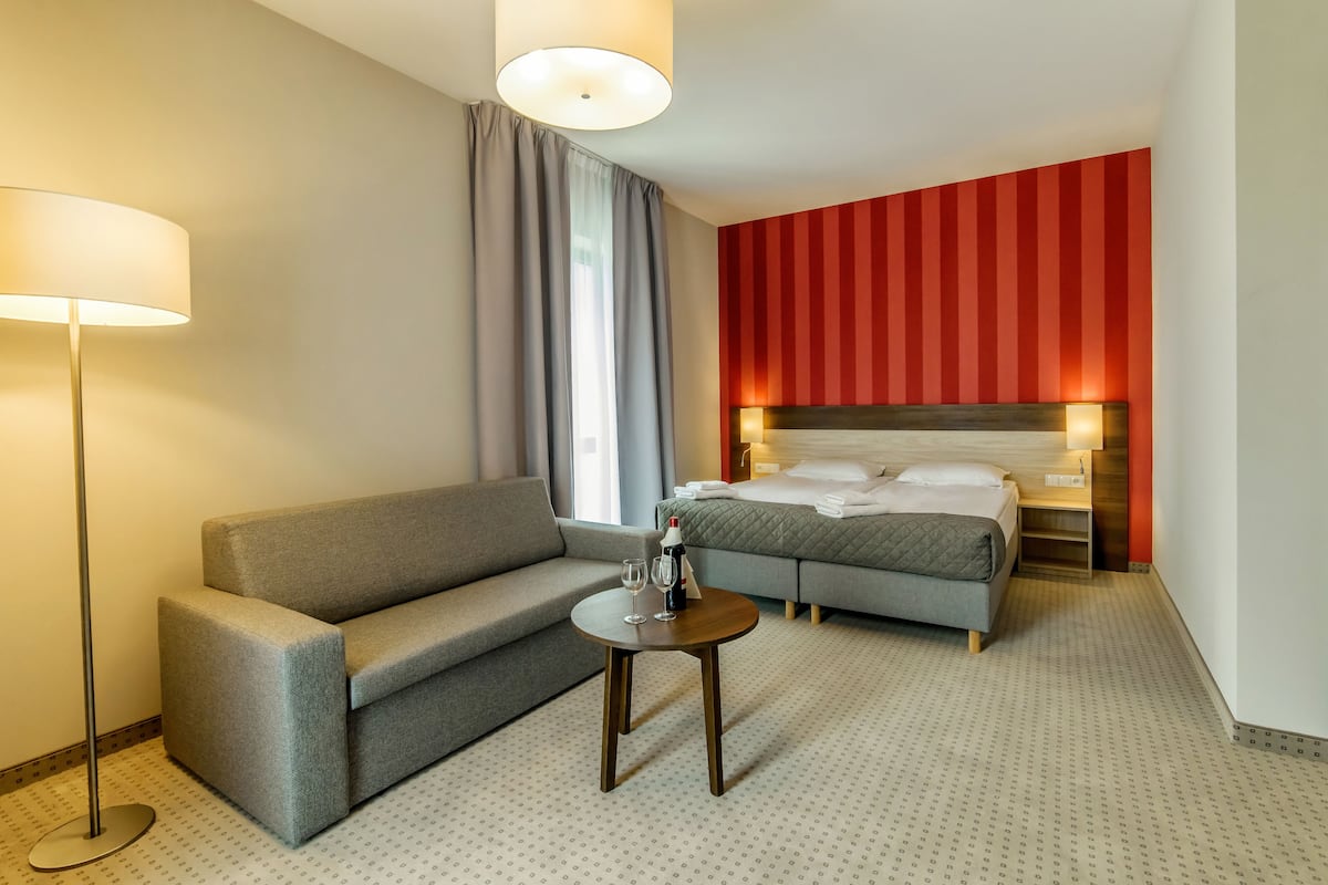 Ein Hotelzimmer mit grauem Sofa, einem kleinen runden Tisch mit Flasche und Gläsern, einem Bett mit Holz-Kopfteil und einer Wand mit roten Streifen.