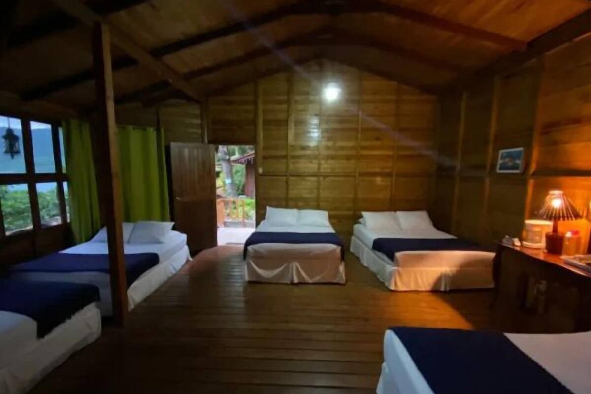 Een houten chalet met drie bedden, een houten vloer en een enkel raam met gordijnen.