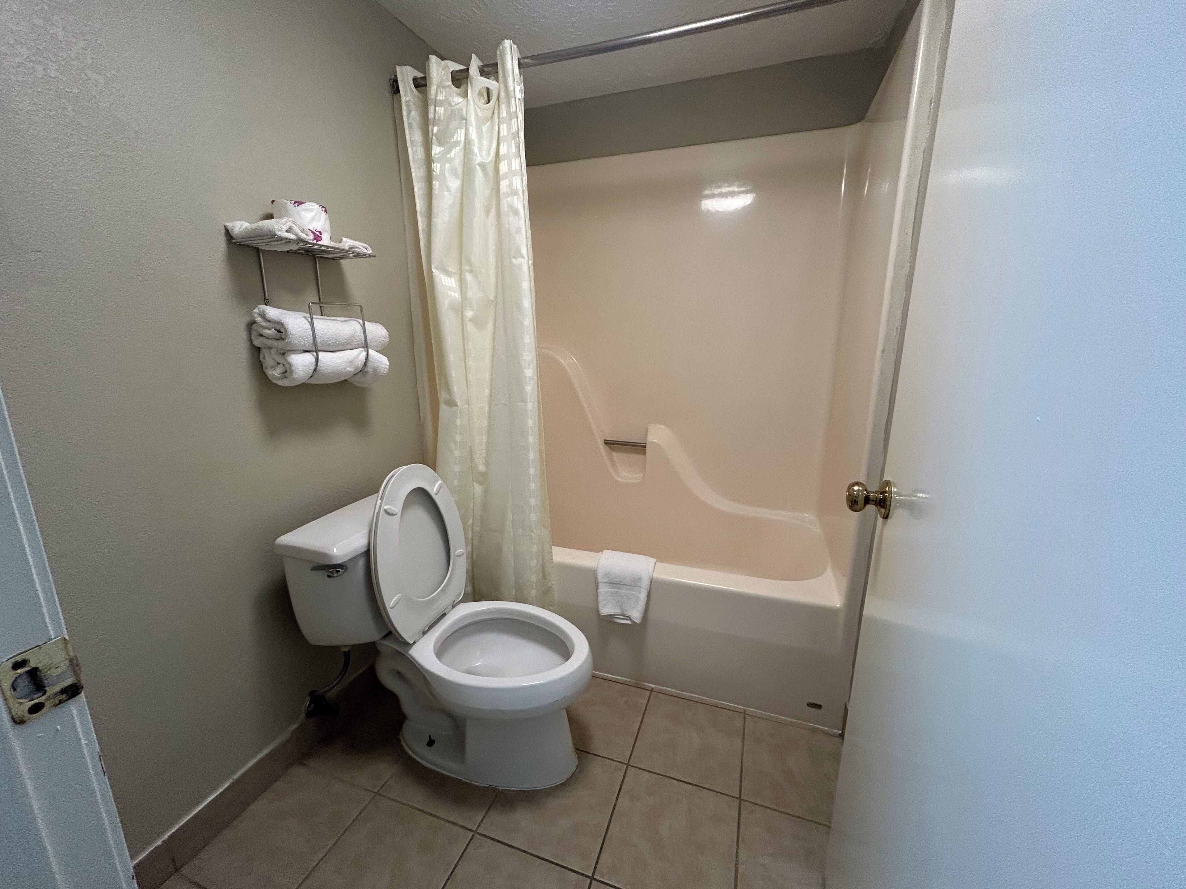 Et badeværelse med toilet, badekar og bruseforhæng.
