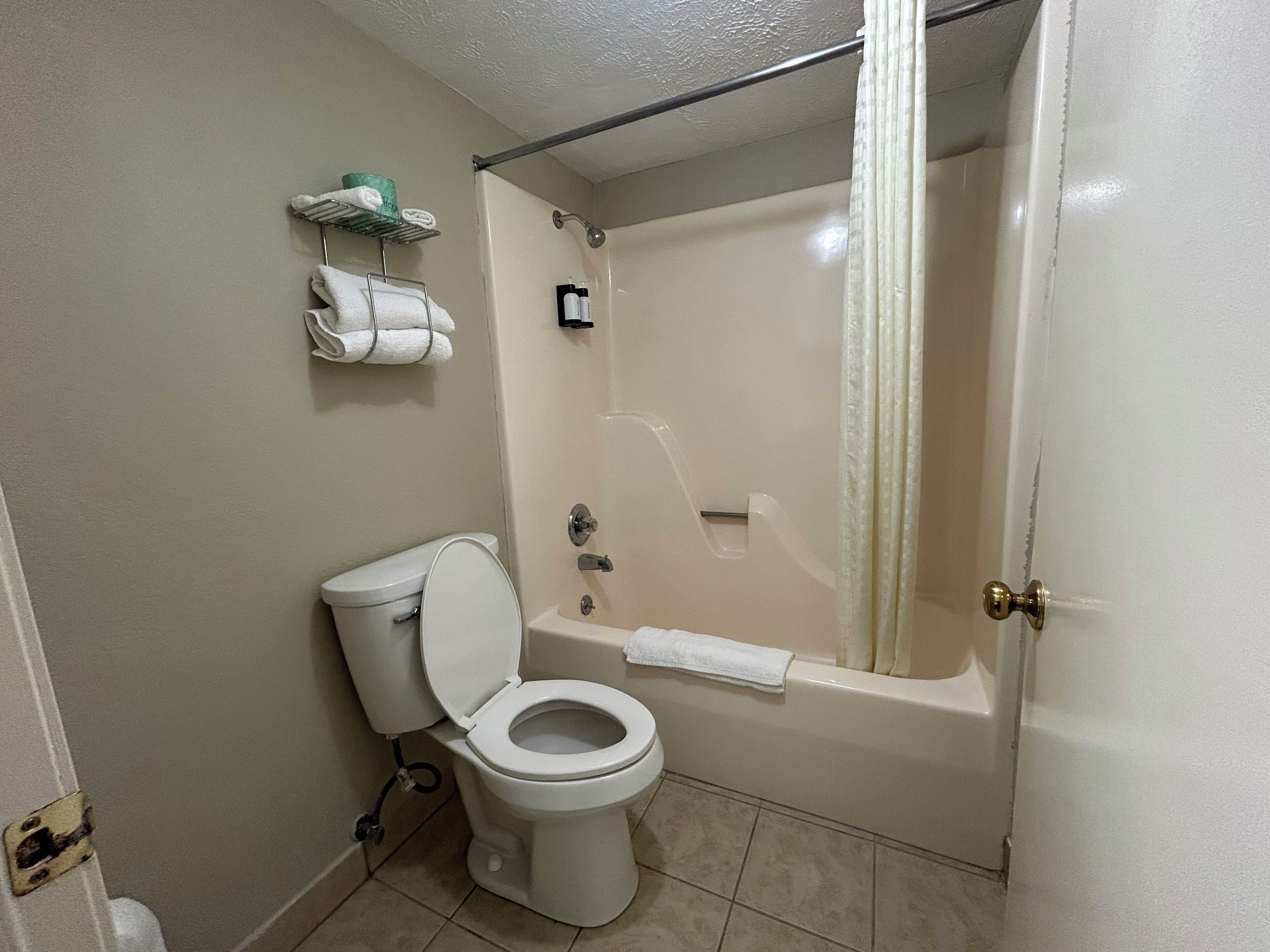 Une salle de bain équipée de toilettes, d’une baignoire et d’un rideau de douche.