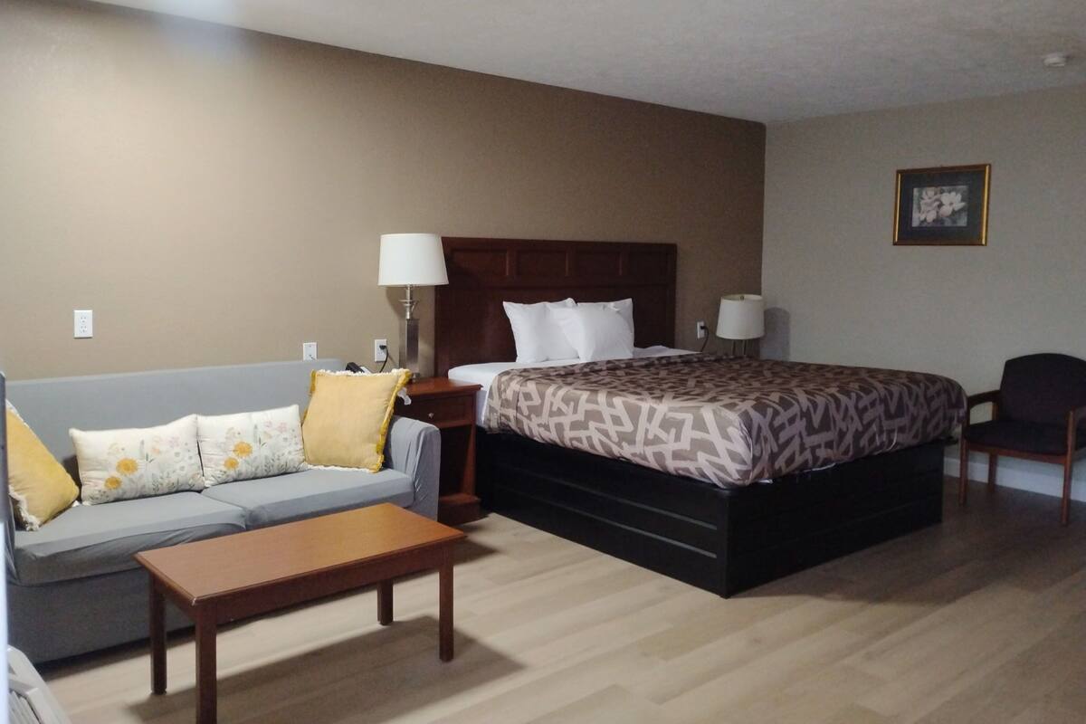 A hotel room with a bed, a sofa, a nightstand, a lamp, a chair, and a picture on the wall.