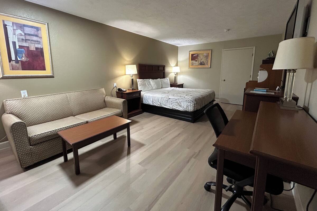 A hotel room with a bed, a sofa, a desk, and a chair.