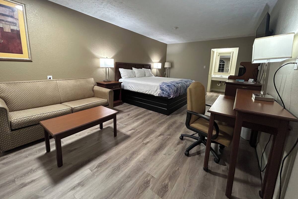 A hotel room with a bed, a sofa, a desk, and a chair.