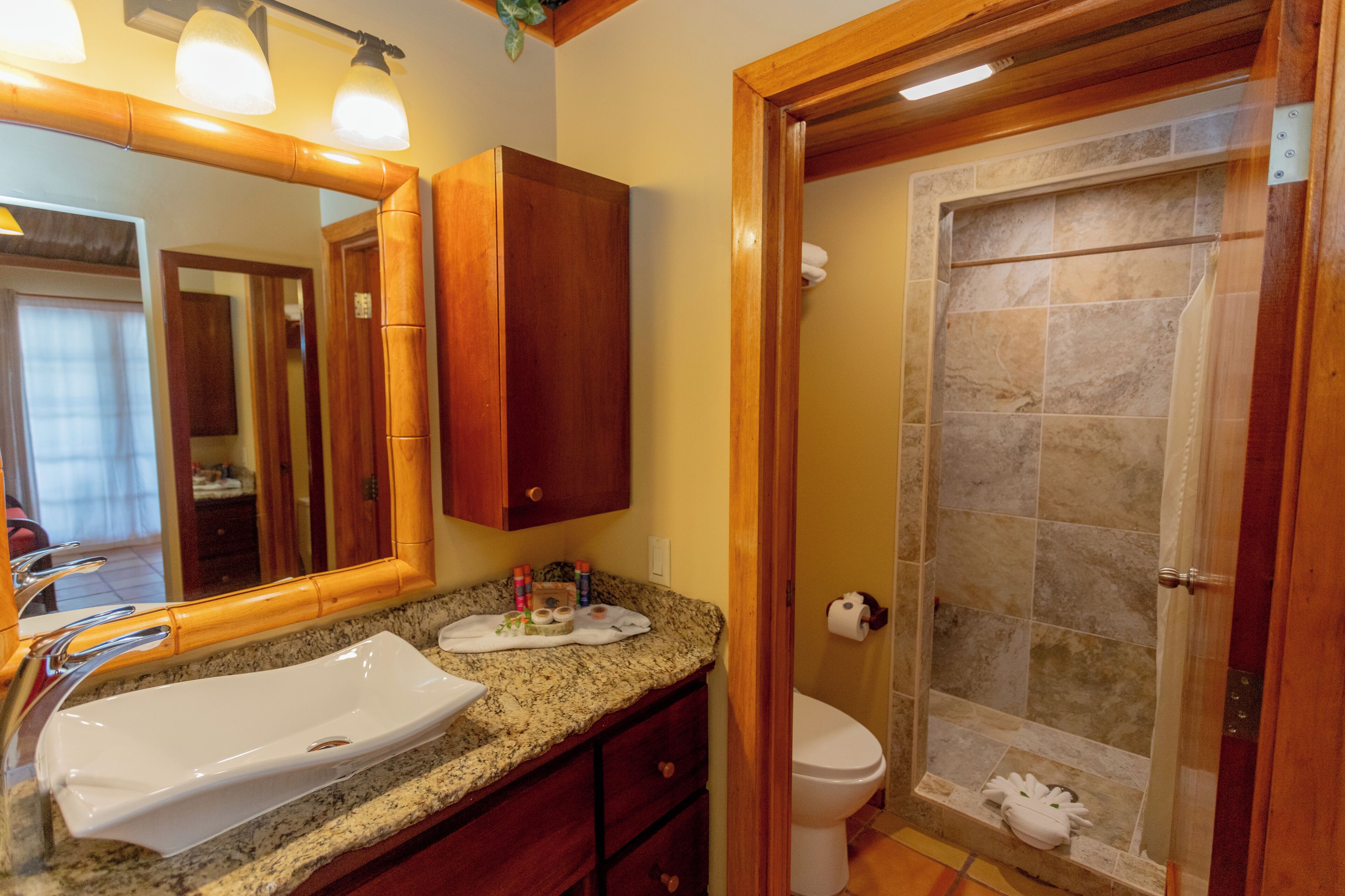 Une salle de bain avec un lavabo sur un plan de travail en granit, un meuble en bois, des toilettes et une douche fermée par une paroi de verre.