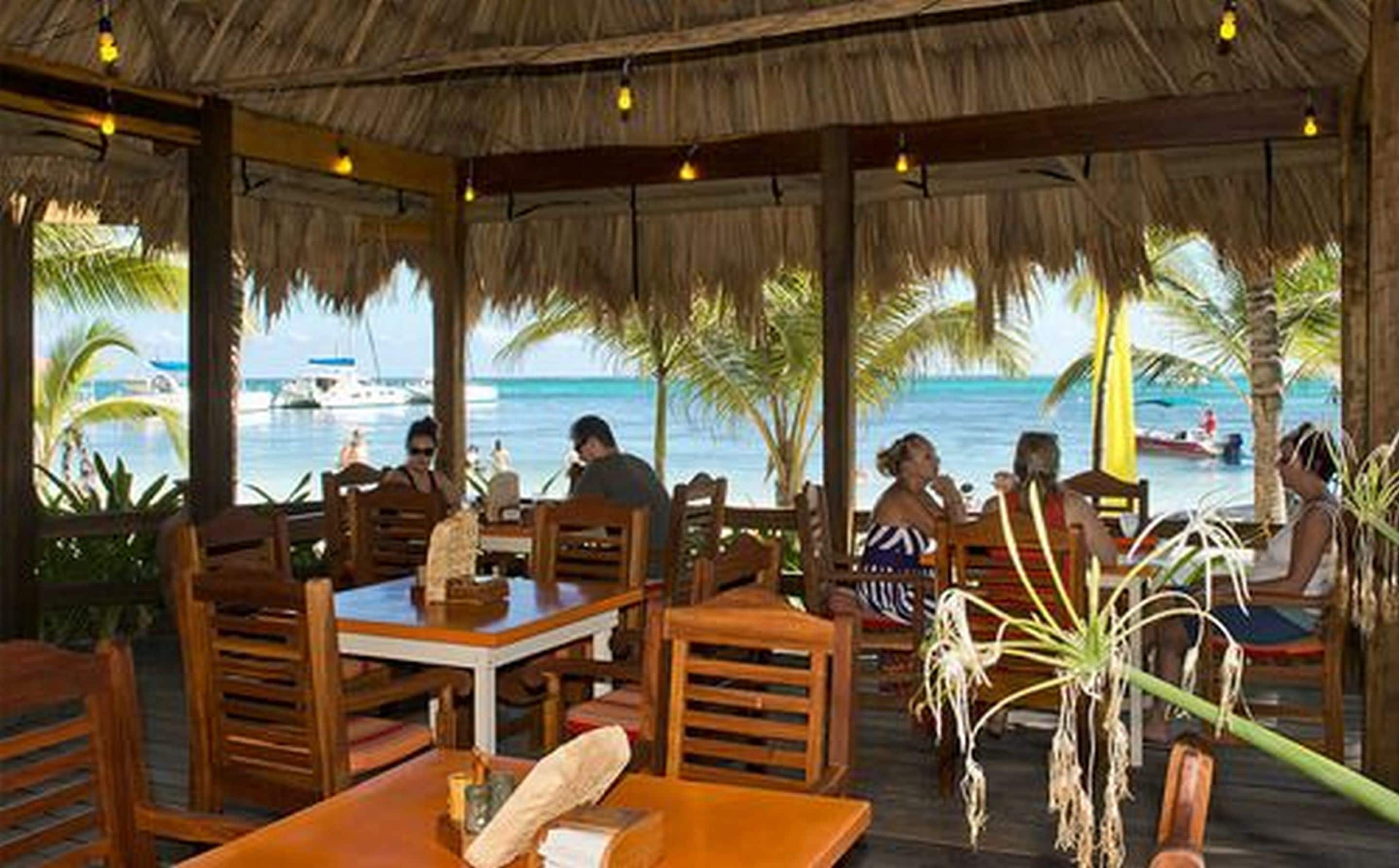 An outdoor restaurant with wooden furniture and a thatched roof, overlooking a beach with palm trees and boats.