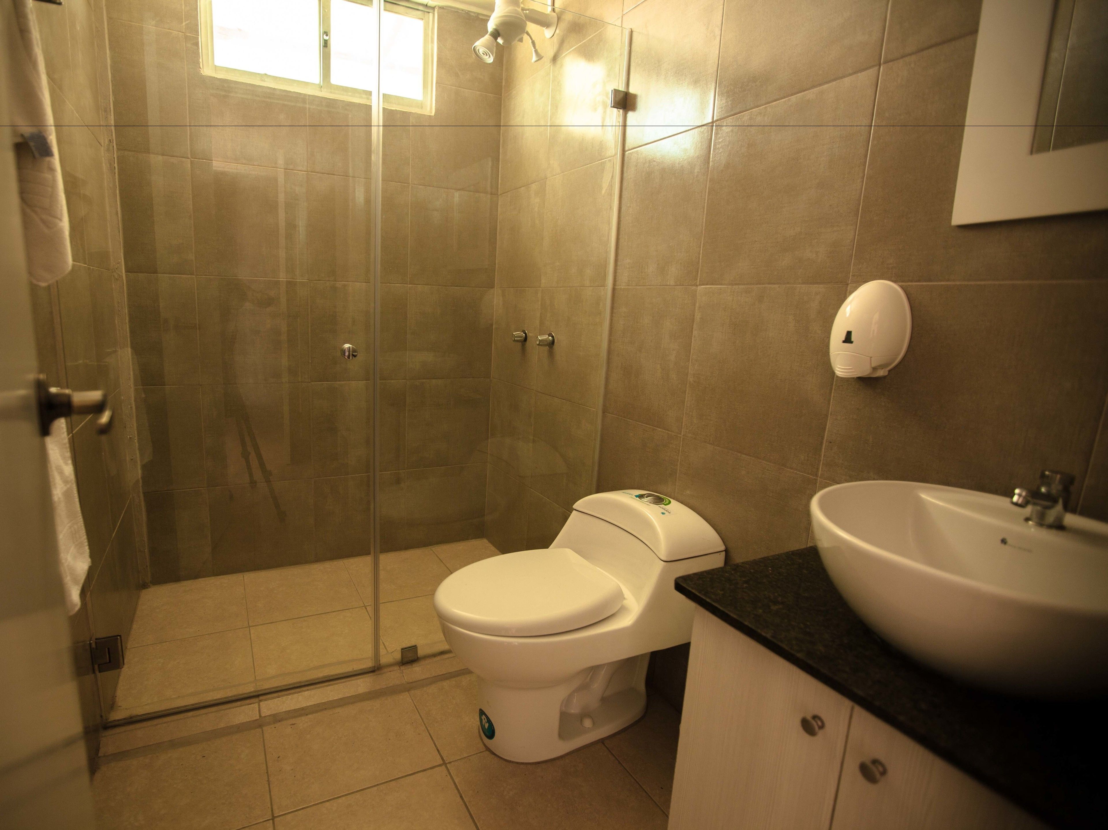 Shower, free toiletries, hair dryer, towels